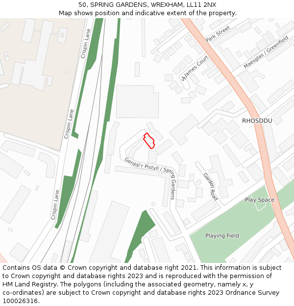 50, SPRING GARDENS, WREXHAM, LL11 2NX: Location map and indicative extent of plot