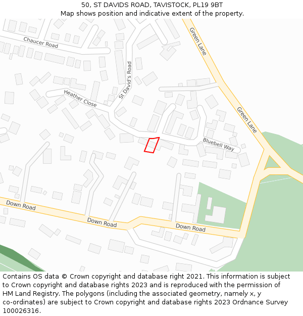 50, ST DAVIDS ROAD, TAVISTOCK, PL19 9BT: Location map and indicative extent of plot