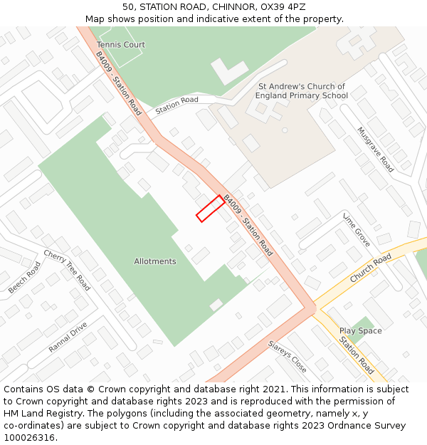 50, STATION ROAD, CHINNOR, OX39 4PZ: Location map and indicative extent of plot