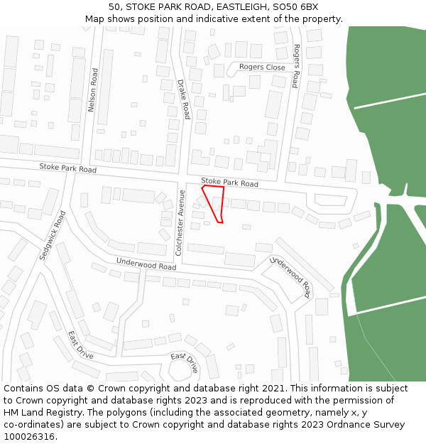 50, STOKE PARK ROAD, EASTLEIGH, SO50 6BX: Location map and indicative extent of plot