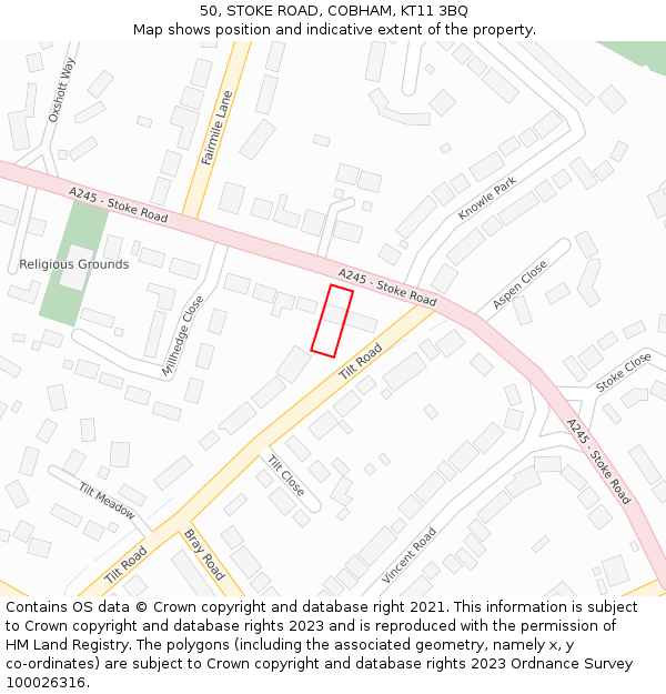 50, STOKE ROAD, COBHAM, KT11 3BQ: Location map and indicative extent of plot