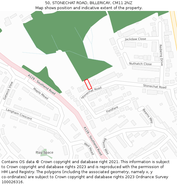 50, STONECHAT ROAD, BILLERICAY, CM11 2NZ: Location map and indicative extent of plot