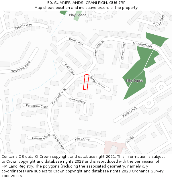 50, SUMMERLANDS, CRANLEIGH, GU6 7BP: Location map and indicative extent of plot