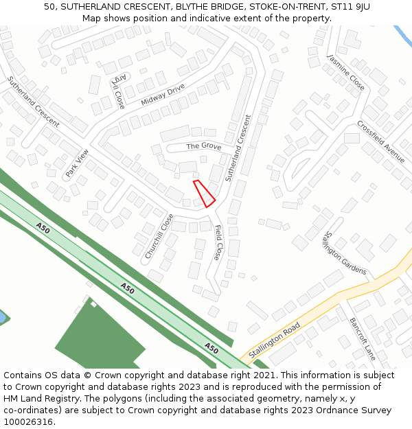 50, SUTHERLAND CRESCENT, BLYTHE BRIDGE, STOKE-ON-TRENT, ST11 9JU: Location map and indicative extent of plot