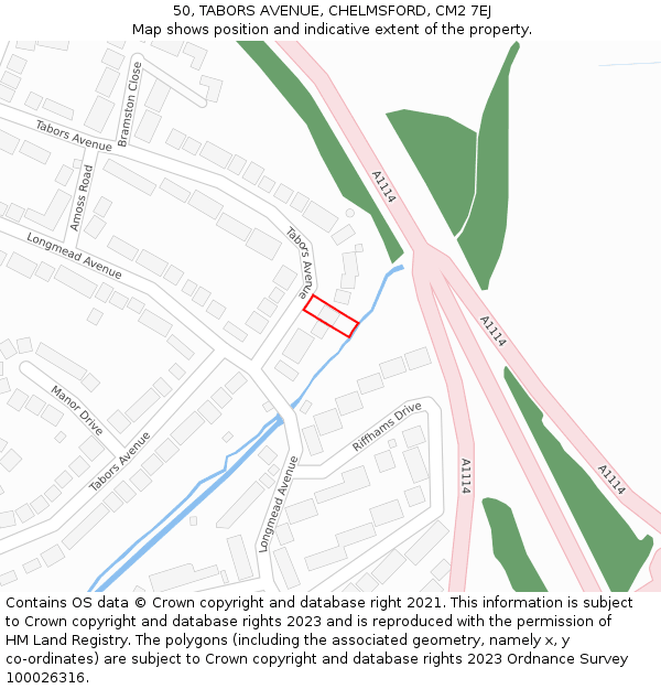 50, TABORS AVENUE, CHELMSFORD, CM2 7EJ: Location map and indicative extent of plot