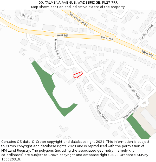 50, TALMENA AVENUE, WADEBRIDGE, PL27 7RR: Location map and indicative extent of plot