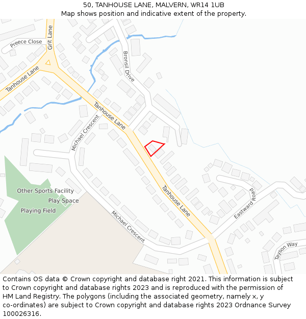 50, TANHOUSE LANE, MALVERN, WR14 1UB: Location map and indicative extent of plot