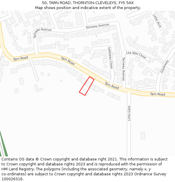 50, TARN ROAD, THORNTON-CLEVELEYS, FY5 5AX: Location map and indicative extent of plot