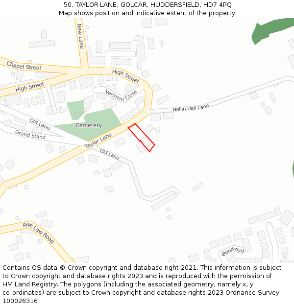 50, TAYLOR LANE, GOLCAR, HUDDERSFIELD, HD7 4PQ: Location map and indicative extent of plot