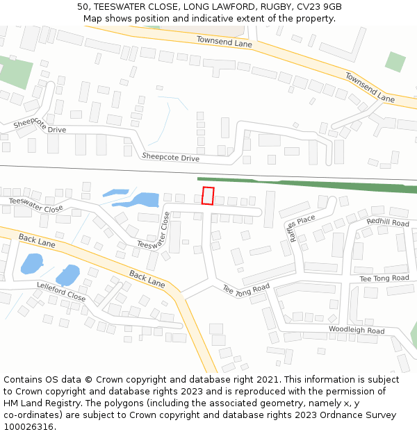 50, TEESWATER CLOSE, LONG LAWFORD, RUGBY, CV23 9GB: Location map and indicative extent of plot