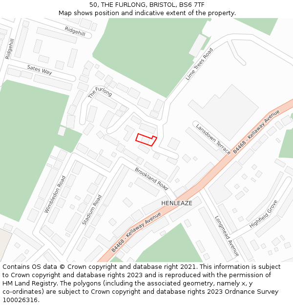50, THE FURLONG, BRISTOL, BS6 7TF: Location map and indicative extent of plot