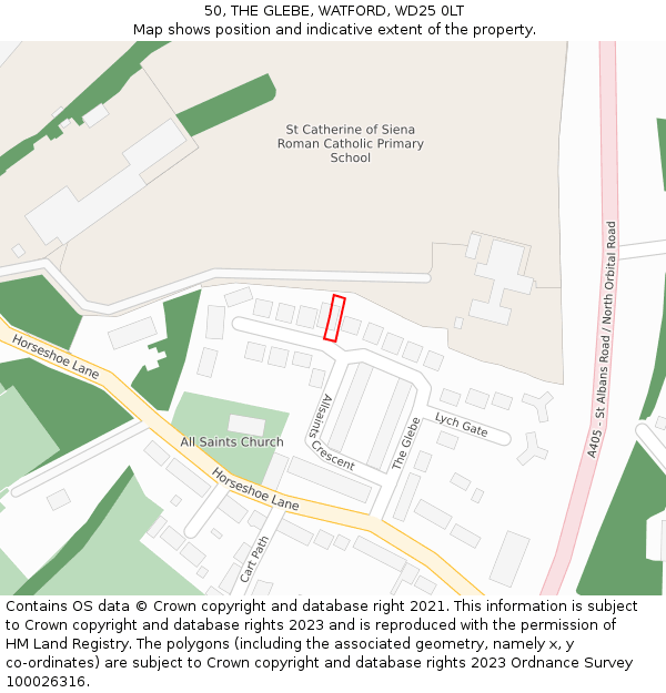 50, THE GLEBE, WATFORD, WD25 0LT: Location map and indicative extent of plot