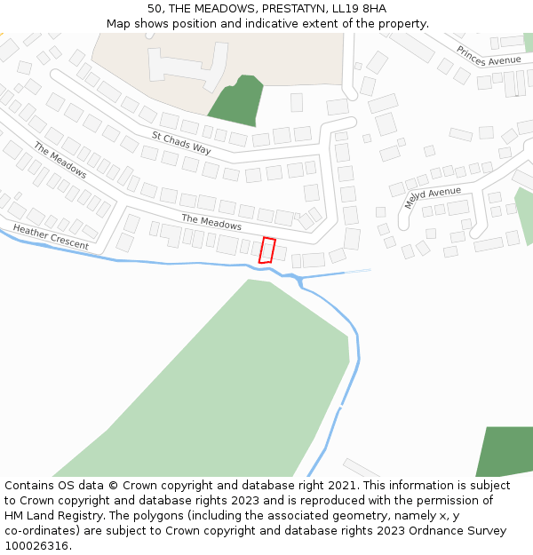 50, THE MEADOWS, PRESTATYN, LL19 8HA: Location map and indicative extent of plot
