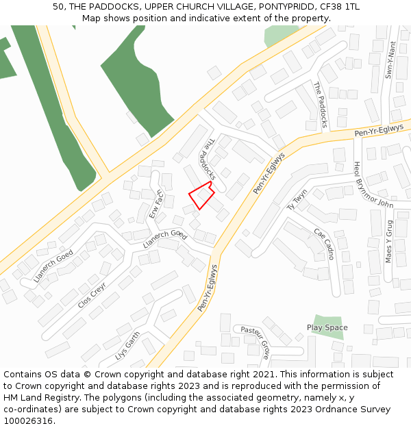 50, THE PADDOCKS, UPPER CHURCH VILLAGE, PONTYPRIDD, CF38 1TL: Location map and indicative extent of plot