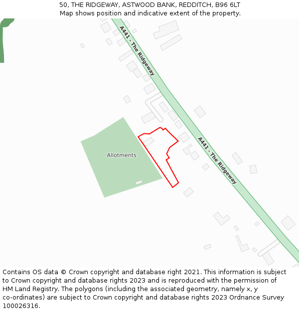 50, THE RIDGEWAY, ASTWOOD BANK, REDDITCH, B96 6LT: Location map and indicative extent of plot