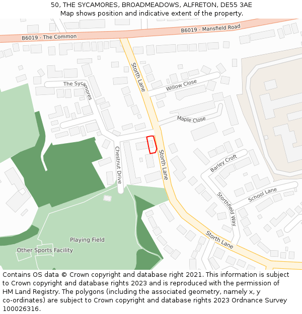 50, THE SYCAMORES, BROADMEADOWS, ALFRETON, DE55 3AE: Location map and indicative extent of plot