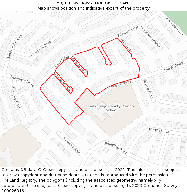 50, THE WALKWAY, BOLTON, BL3 4NT: Location map and indicative extent of plot