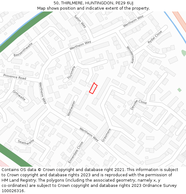 50, THIRLMERE, HUNTINGDON, PE29 6UJ: Location map and indicative extent of plot