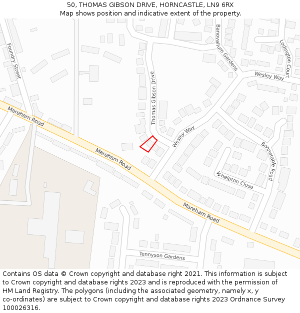 50, THOMAS GIBSON DRIVE, HORNCASTLE, LN9 6RX: Location map and indicative extent of plot