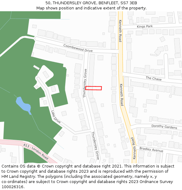 50, THUNDERSLEY GROVE, BENFLEET, SS7 3EB: Location map and indicative extent of plot