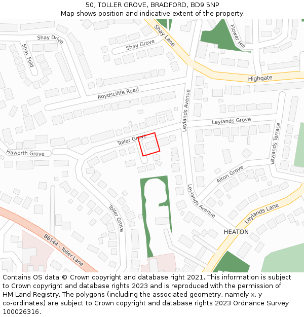 50, TOLLER GROVE, BRADFORD, BD9 5NP: Location map and indicative extent of plot