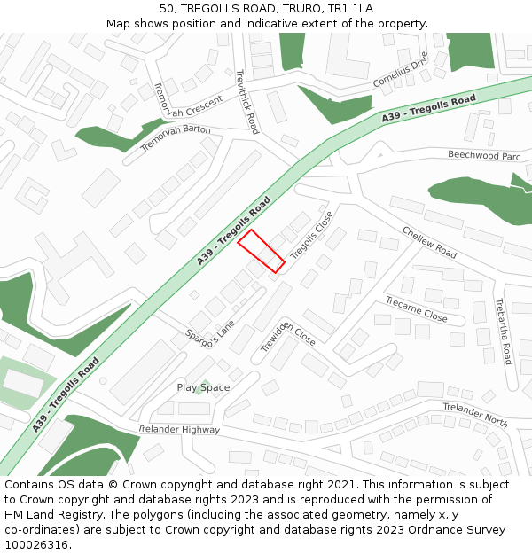 50, TREGOLLS ROAD, TRURO, TR1 1LA: Location map and indicative extent of plot