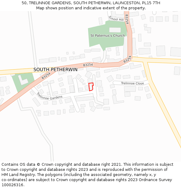 50, TRELINNOE GARDENS, SOUTH PETHERWIN, LAUNCESTON, PL15 7TH: Location map and indicative extent of plot