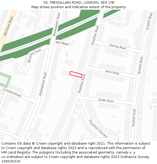50, TRESSILLIAN ROAD, LONDON, SE4 1YB: Location map and indicative extent of plot