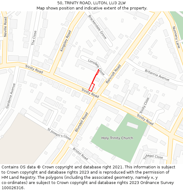 50, TRINITY ROAD, LUTON, LU3 2LW: Location map and indicative extent of plot