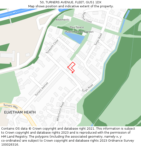 50, TURNERS AVENUE, FLEET, GU51 1DX: Location map and indicative extent of plot