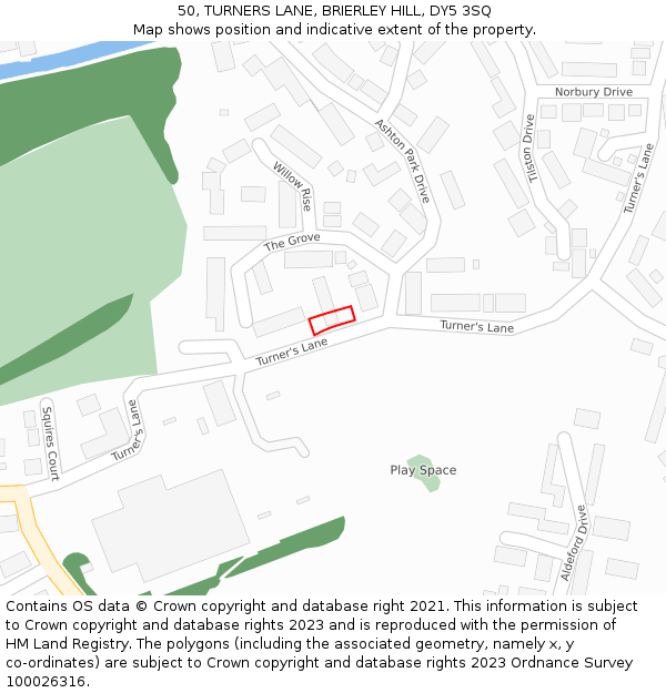 50, TURNERS LANE, BRIERLEY HILL, DY5 3SQ: Location map and indicative extent of plot