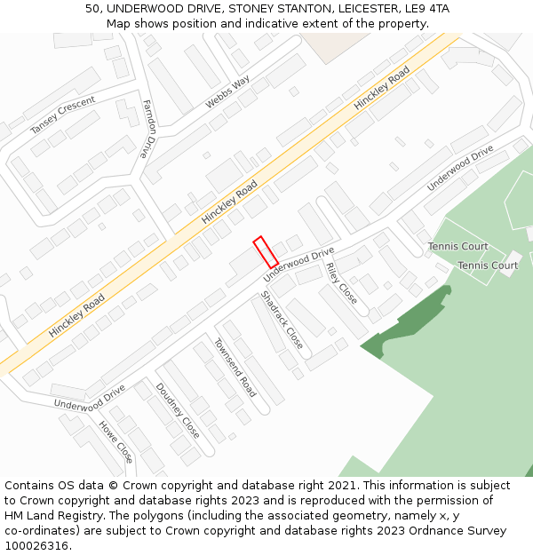 50, UNDERWOOD DRIVE, STONEY STANTON, LEICESTER, LE9 4TA: Location map and indicative extent of plot