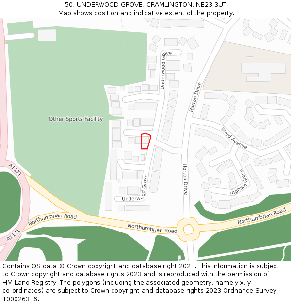 50, UNDERWOOD GROVE, CRAMLINGTON, NE23 3UT: Location map and indicative extent of plot
