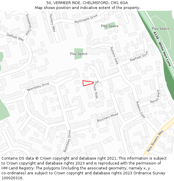 50, VERMEER RIDE, CHELMSFORD, CM1 6GA: Location map and indicative extent of plot