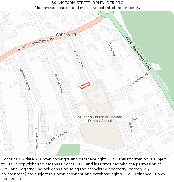 50, VICTORIA STREET, RIPLEY, DE5 3BG: Location map and indicative extent of plot
