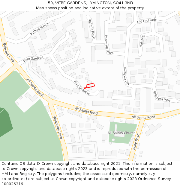 50, VITRE GARDENS, LYMINGTON, SO41 3NB: Location map and indicative extent of plot