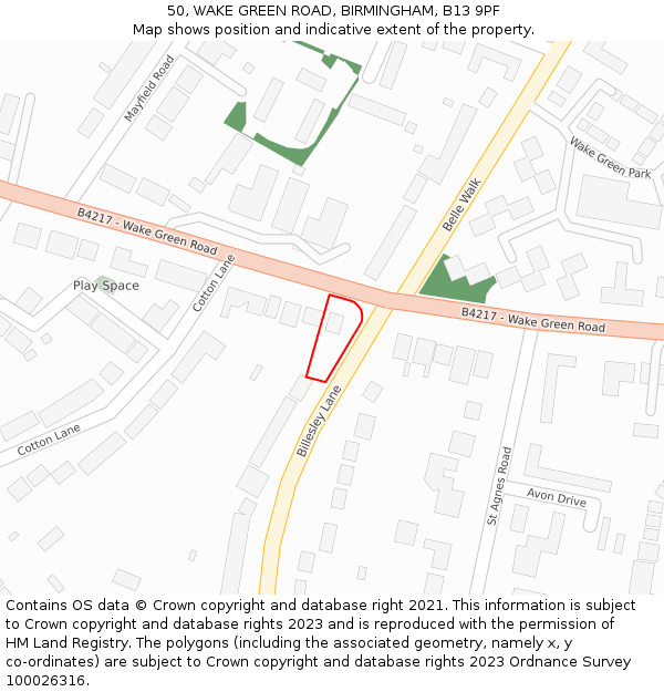 50, WAKE GREEN ROAD, BIRMINGHAM, B13 9PF: Location map and indicative extent of plot