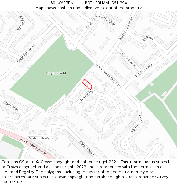 50, WARREN HILL, ROTHERHAM, S61 3SX: Location map and indicative extent of plot