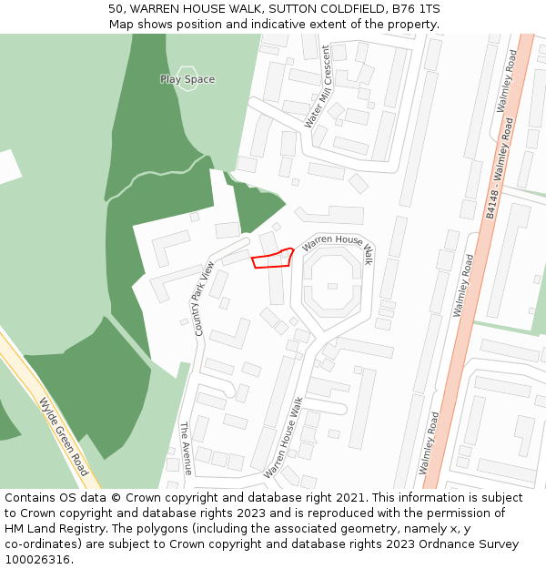 50, WARREN HOUSE WALK, SUTTON COLDFIELD, B76 1TS: Location map and indicative extent of plot