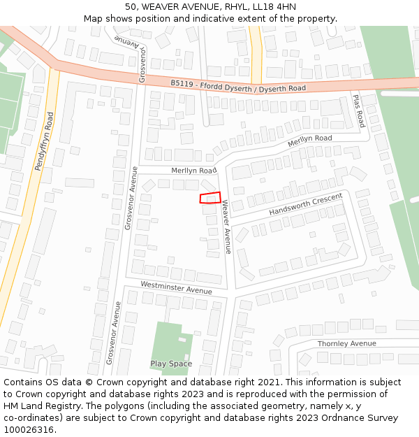 50, WEAVER AVENUE, RHYL, LL18 4HN: Location map and indicative extent of plot