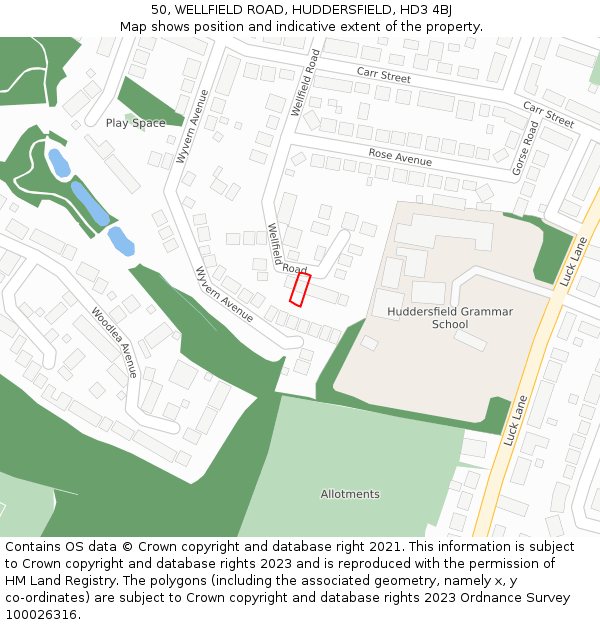 50, WELLFIELD ROAD, HUDDERSFIELD, HD3 4BJ: Location map and indicative extent of plot