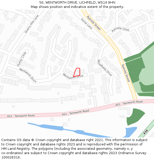 50, WENTWORTH DRIVE, LICHFIELD, WS14 9HN: Location map and indicative extent of plot