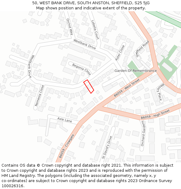 50, WEST BANK DRIVE, SOUTH ANSTON, SHEFFIELD, S25 5JG: Location map and indicative extent of plot