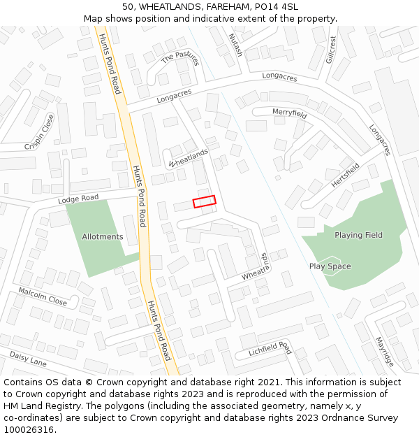 50, WHEATLANDS, FAREHAM, PO14 4SL: Location map and indicative extent of plot