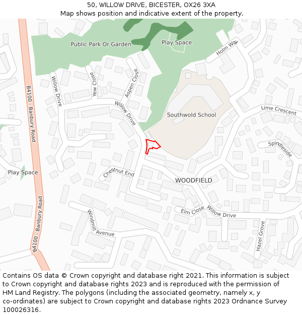 50, WILLOW DRIVE, BICESTER, OX26 3XA: Location map and indicative extent of plot