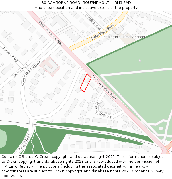 50, WIMBORNE ROAD, BOURNEMOUTH, BH3 7AD: Location map and indicative extent of plot
