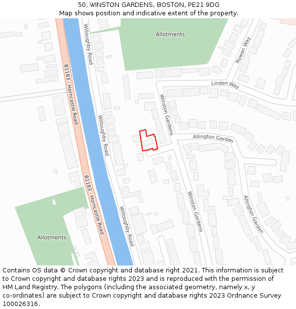 50, WINSTON GARDENS, BOSTON, PE21 9DG: Location map and indicative extent of plot