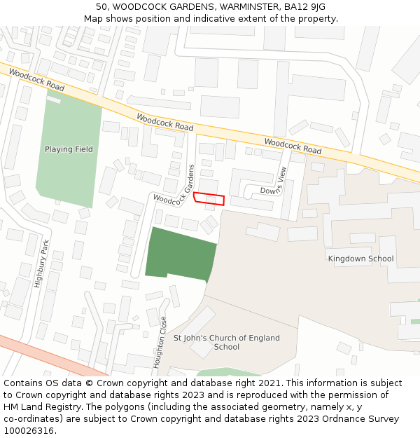 50, WOODCOCK GARDENS, WARMINSTER, BA12 9JG: Location map and indicative extent of plot