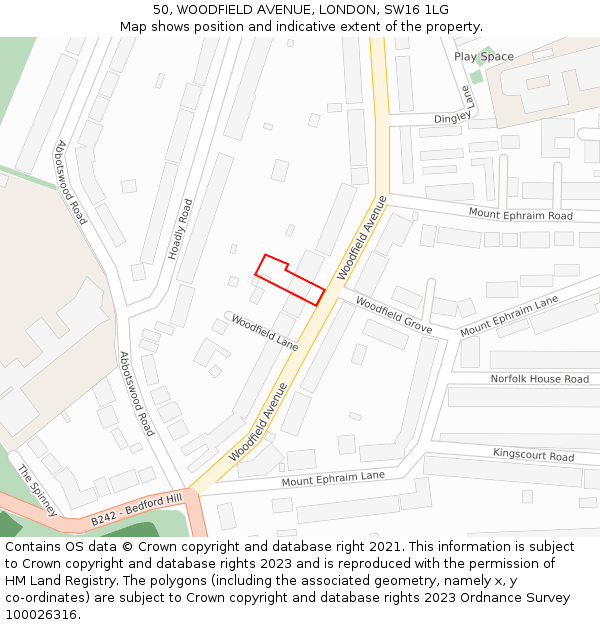 50, WOODFIELD AVENUE, LONDON, SW16 1LG: Location map and indicative extent of plot