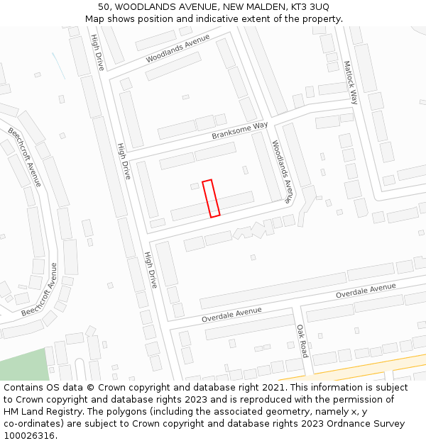50, WOODLANDS AVENUE, NEW MALDEN, KT3 3UQ: Location map and indicative extent of plot